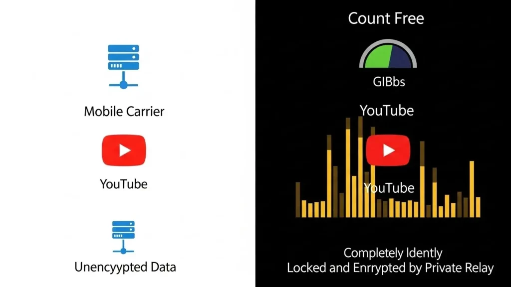 暗号化された通信（プライベートリレーON）により、携帯キャリアのカウントフリー（ゼロレーティング）が適用されずデータ容量が消費される様子。