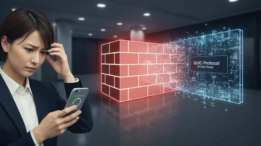 企業や学校のネットワークで、新しいQUICプロトコルを使ったプライベートリレーの通信がセキュリティ機能によってブロックされ、ネットに繋がらない様子。