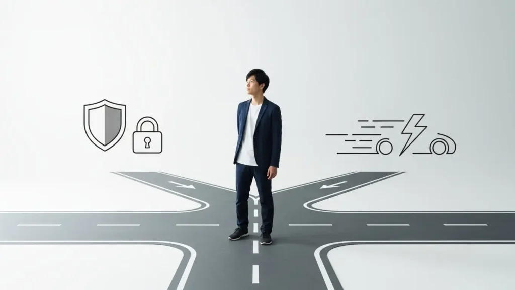 プライベートリレーのON/OFF設定で迷う若い日本人男性。セキュリティ（盾と鍵）と通信速度（稲妻）の間のトレードオフを示す分岐点の道。