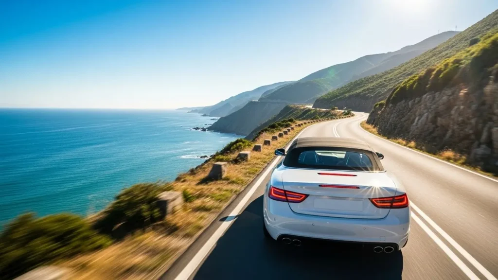 運気の良いナンバーと共に明るい未来へ向かって走る車と青空