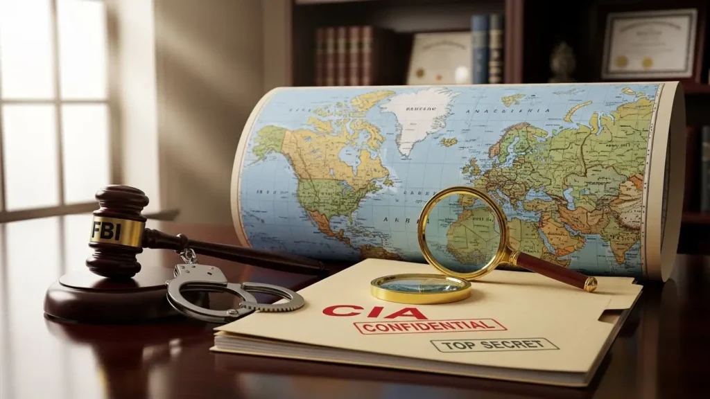裁判官の木槌と手錠(FBI)と、世界地図と機密書類(CIA)を並べ、法的権限と情報収集の役割の違いを表現した画像