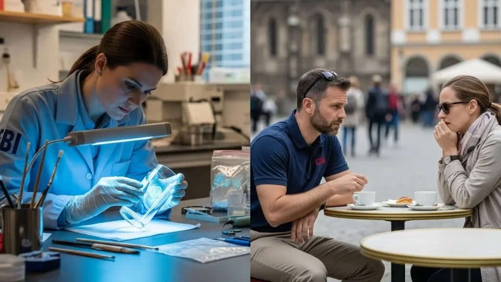 指紋採取を行うFBIの鑑識作業と、カフェで協力者と密談するCIAの諜報活動を対比させたイメージ画像
