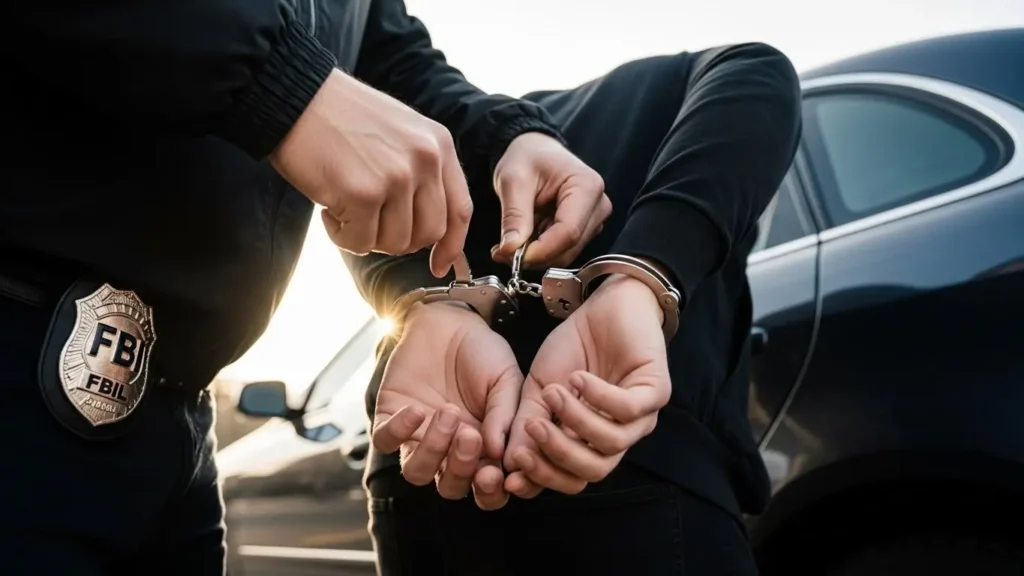 容疑者に手錠をかけ逮捕を行っているFBI捜査官の手元のクローズアップ