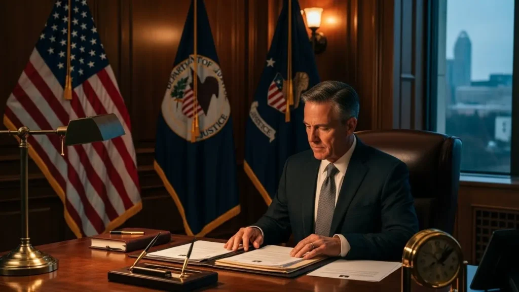 ワシントンD.C.の執務室で書類に目を通す政府高官の様子、組織のトップとしての威厳を表現