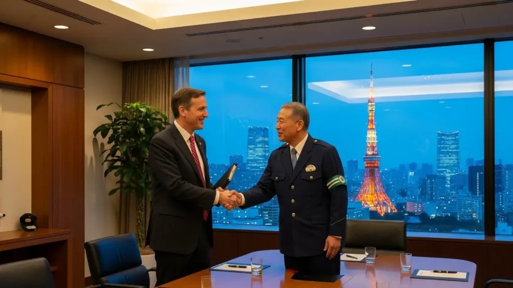 東京タワーが見える会議室で握手を交わすアメリカの外交官(FBI/CIA駐在員)と日本の警察関係者