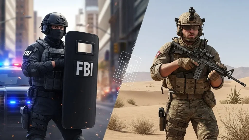 都市型装備のFBI特殊部隊(SWAT)と、砂漠地帯で作戦を行うCIA準軍事組織(SOG)の装備比較