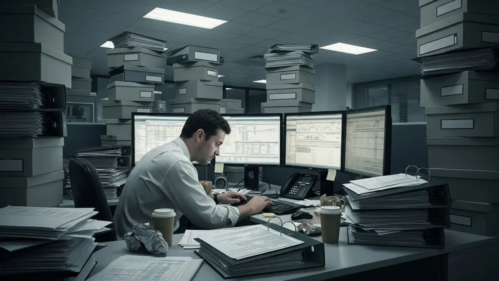 山積みの書類と格闘する捜査官、映画とは異なる地味で膨大な事務作業という現実