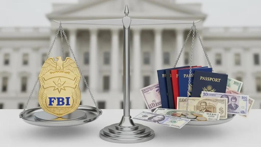 FBIのバッジとCIAの海外任務(パスポート・外貨)を天秤にかけ、キャリアと待遇を比較するイメージ