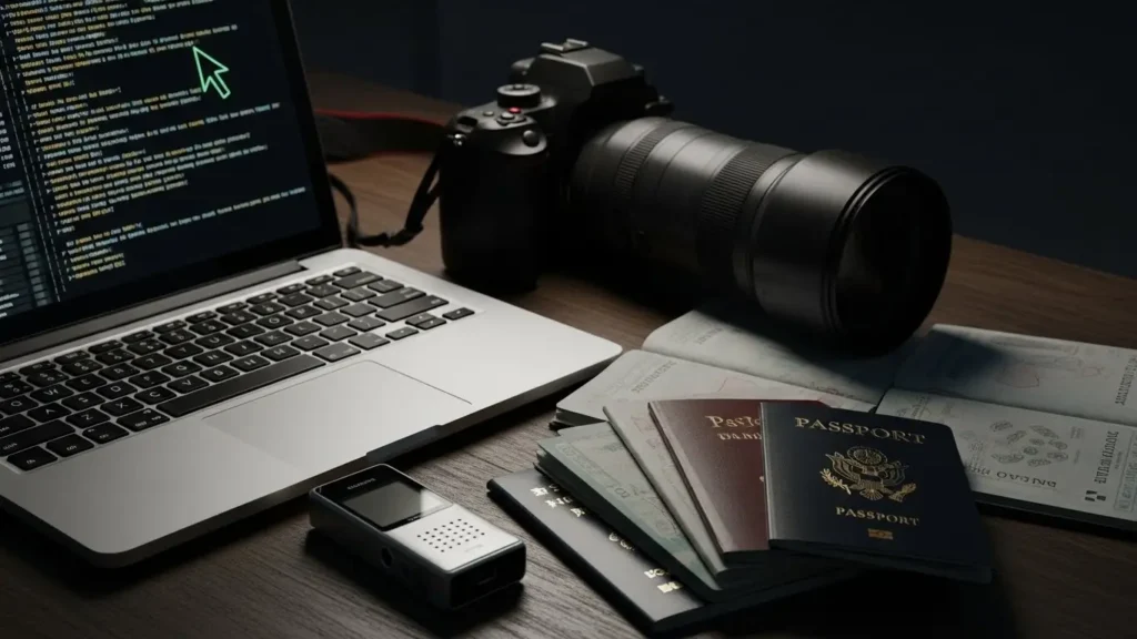 望遠レンズ付きカメラ、レコーダー、複数のパスポートなど、捜査と諜報活動に使用される専門ツール
