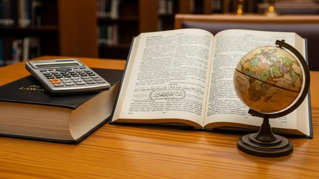 法律書・電卓と、外国語辞書・地球儀を並べ、FBIとCIAそれぞれに求められる学歴や専門知識の違いを表現