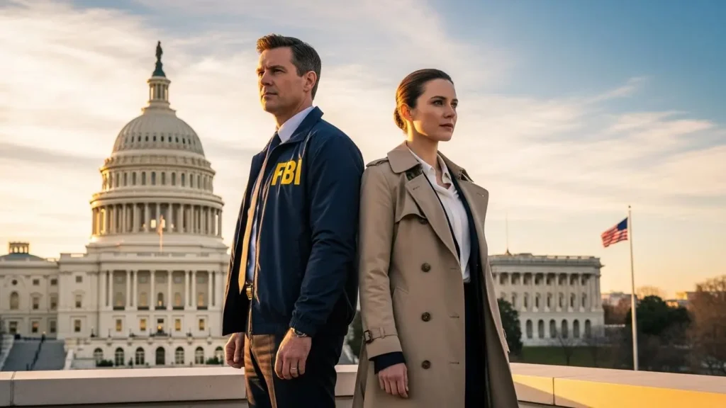 背中合わせに立つFBI捜査官とCIA職員、互いに異なる役割で国を支えるパートナーシップを表現