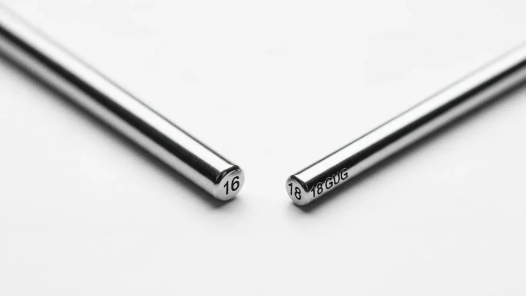 16Gと18Gのストレートバーベルピアスを並べた比較写真。0.2mmの太さの違いを示す