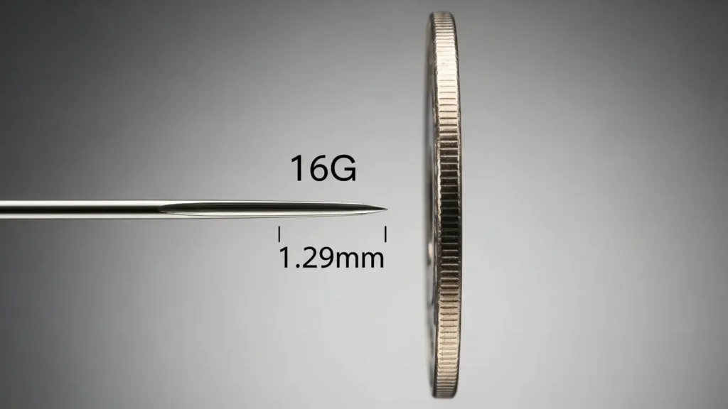 16Gと18Gのストレートバーベルピアスを並べた比較写真。0.2mmの太さの違いを示す