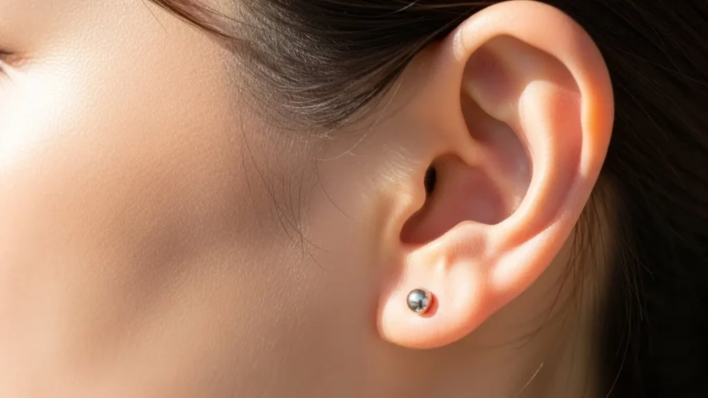 軟骨(ヘリックス)に安定した16Gのリングピアスを装着している健康な耳のアップ