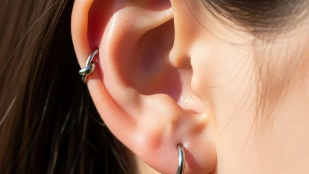 耳たぶにシンプルで清潔感のあるシルバーピアスを装着した日本人女性の横顔
