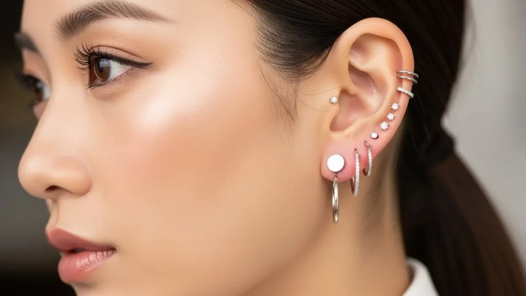 耳たぶや軟骨など部位別に複数のピアスをおしゃれにコーディネートしている日本人女性