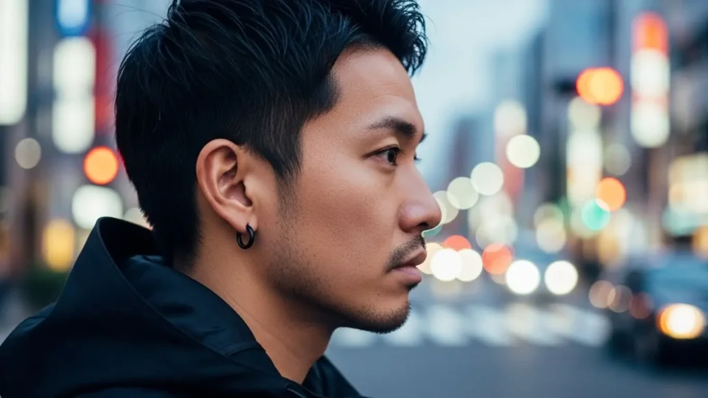 シンプルで存在感のある黒いフープピアスを着用した日本人男性の横顔