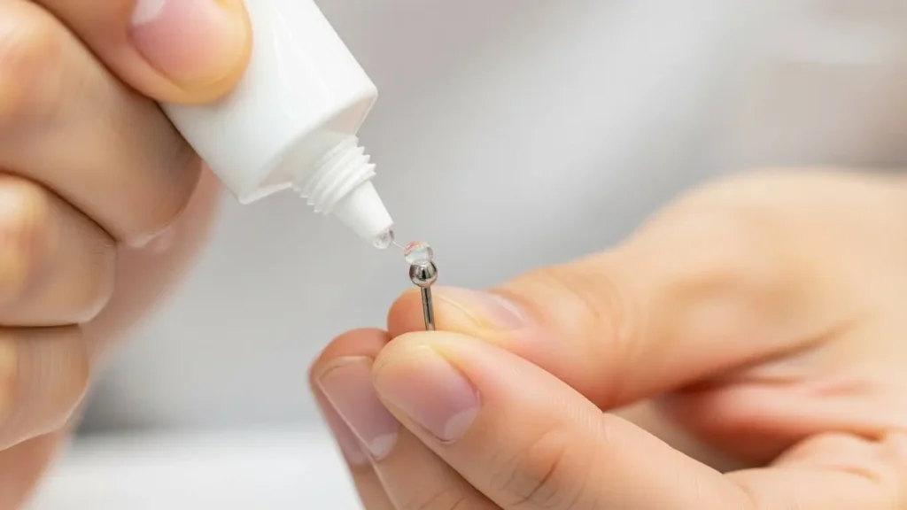 スムーズな装着と拡張のためにピアスの先端に軟膏を塗布している手元の様子