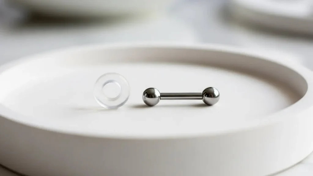 ピアスホールの維持に使用するシリコンリテーナーと金属製バーベルピアス