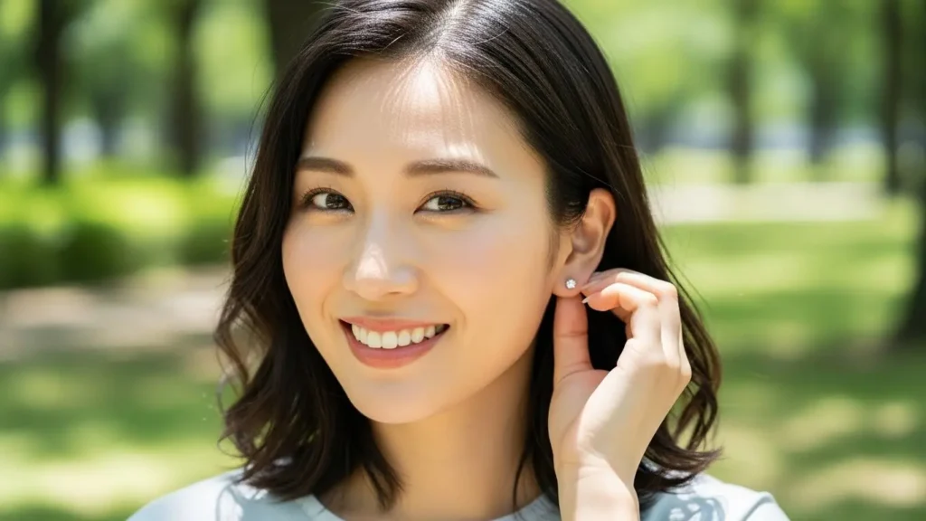 最適なサイズのピアスを選び、トラブルなくピアスライフを楽しんでいる笑顔の日本人女性