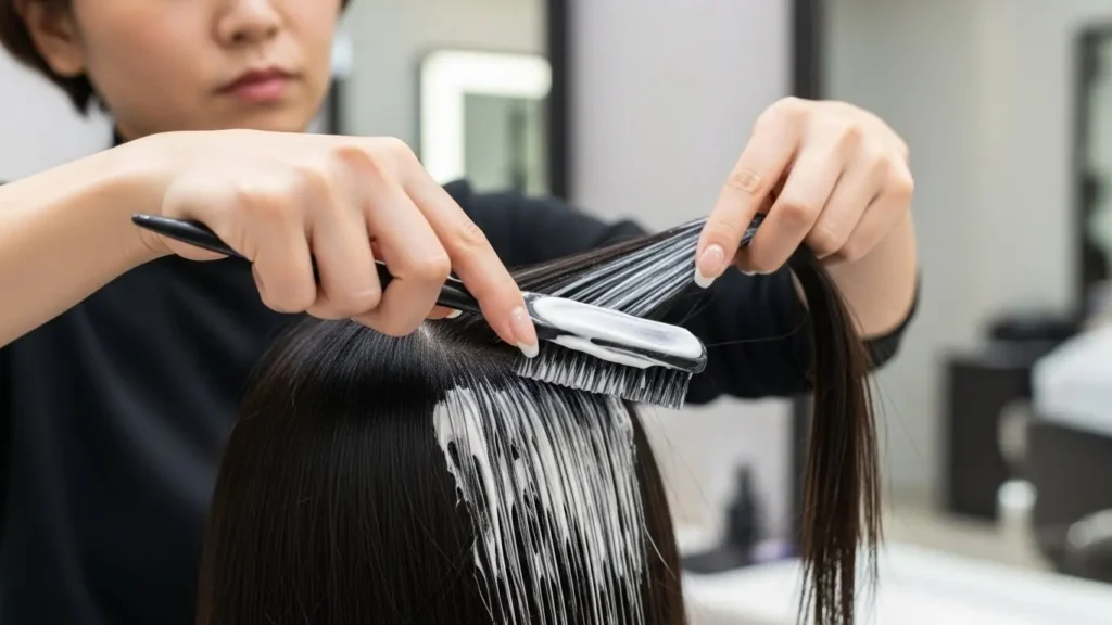 美容室で美容師が女性の髪に縮毛矯正の薬剤を丁寧に塗布している様子