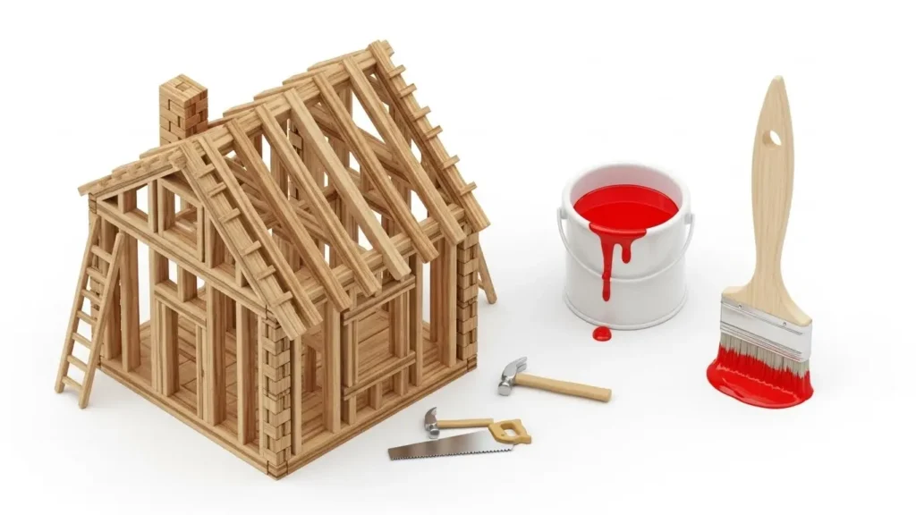 髪の構造を家の建築に例えたイメージ図。基礎工事(縮毛矯正)と塗装工事(カラー)の関係性