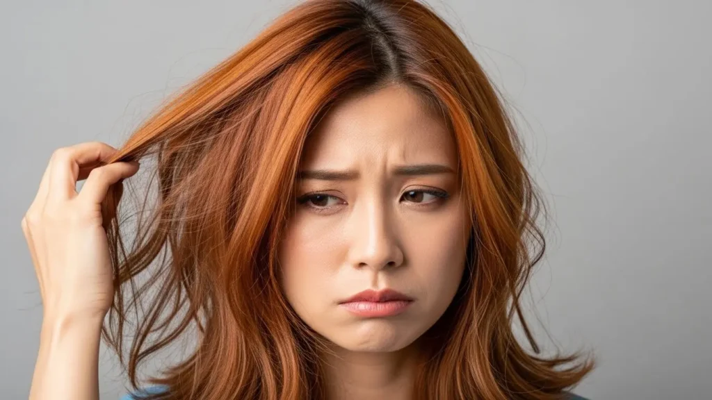 施術順序を間違えてアッシュカラーがオレンジ色に色落ちしてしまい、悲しむ日本人女性