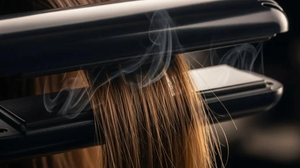 高温のヘアアイロンで髪をプレスしている様子。熱によるカラー色素への影響を示唆するイメージ