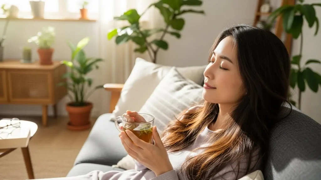 縮毛矯正後の髪を休ませる期間を過ごす、リラックスした様子の日本人女性