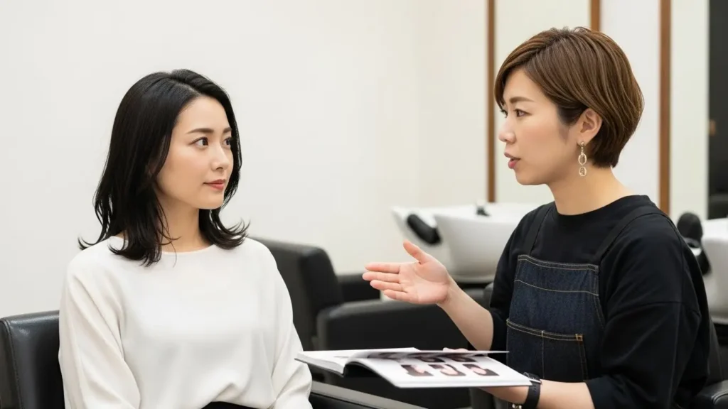美容室で縮毛矯正とカラーの同時施術について美容師と相談している日本人女性