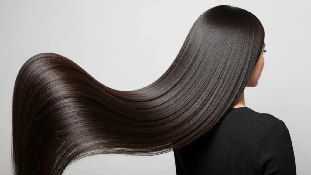 酸性ストレート施術後の、天使の輪ができるほど艶やかで潤いのある美しいストレートヘア