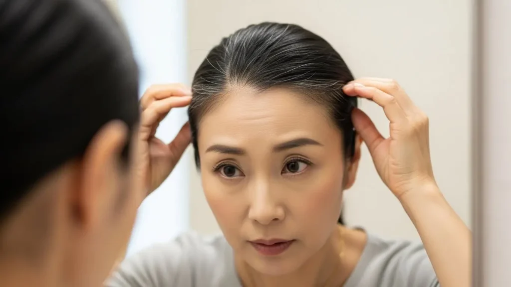鏡で根元の白髪を気にしているミドル世代の日本人女性