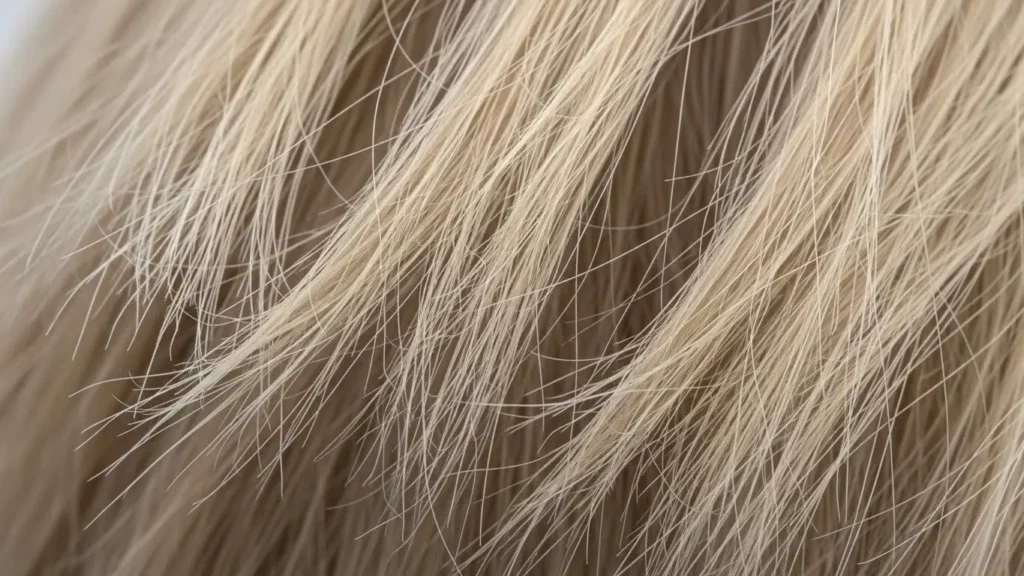 ブリーチによってキューティクルが傷み、パサつきや枝毛が見られるハイダメージ毛の拡大イメージ