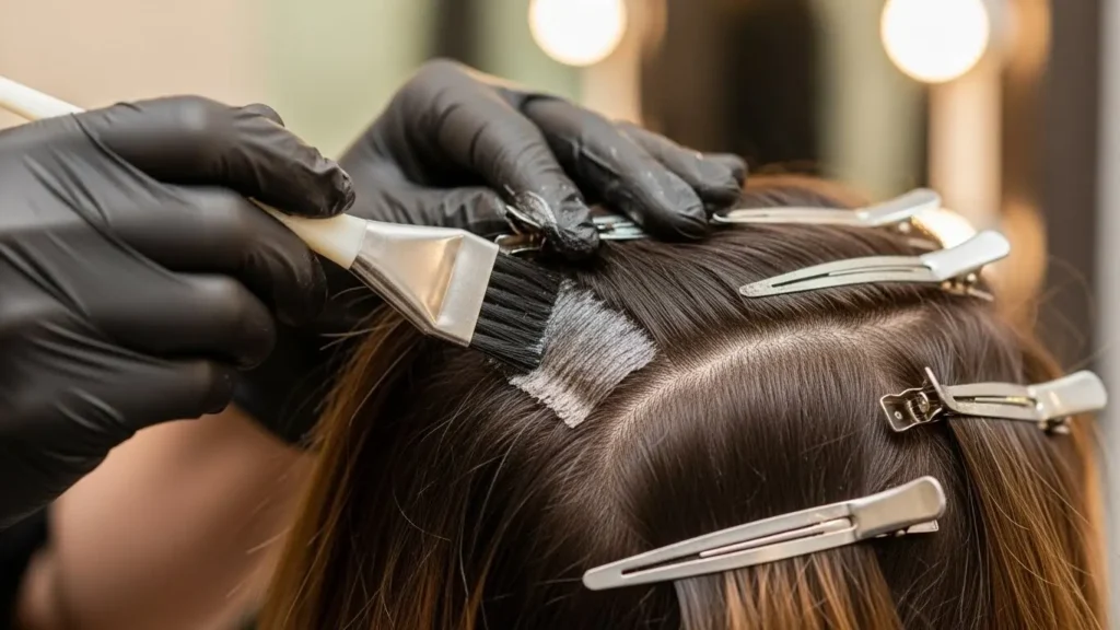 髪の根元のリタッチカラーを丁寧に行っている美容師の手元とブラシのアップ