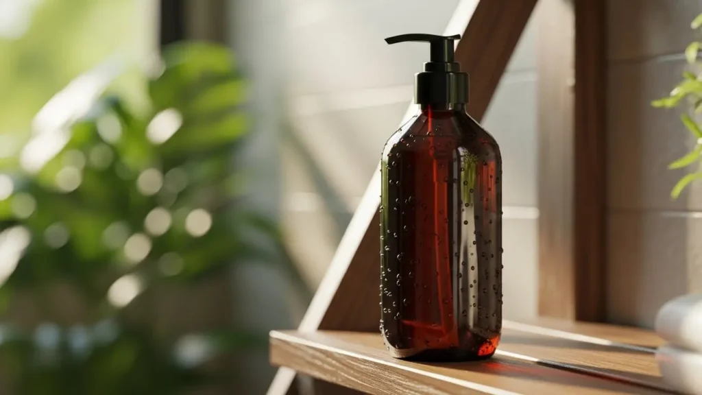 ヘマチン配合をイメージさせる、バスルームに置かれた高品質なシャンプーボトルとリラックス空間