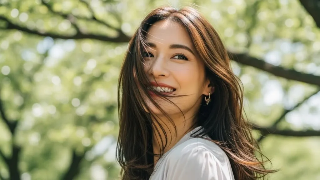 正しい順番で縮毛矯正とカラーを行い、サラサラで美しい髪を手に入れて笑顔の日本人女性