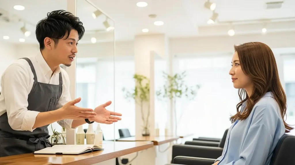 顧客の髪の状態に合わせて最適な施術プランや対策を提案している、プロの日本人美容師の様子