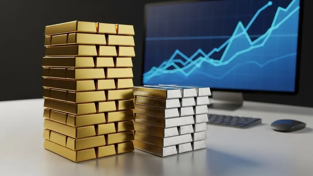 金融取引デスク上で、巨大な金の延べ棒の山が小さなプラチナの山を見下ろしている様子。背景には金価格の上昇を示す抽象的なグラフがある。