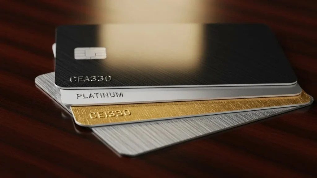 高級な木製デスク上に積み重ねられたクレジットカード。上からブラック、プラチナ、ゴールド、一般カードの順でステータスの序列を示している。
