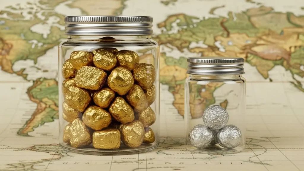 世界地図を背景に、希少性を比較する二つの透明な容器。大きな容器には大量の金塊が、小さな容器には少量のプラチナ塊が入っている。