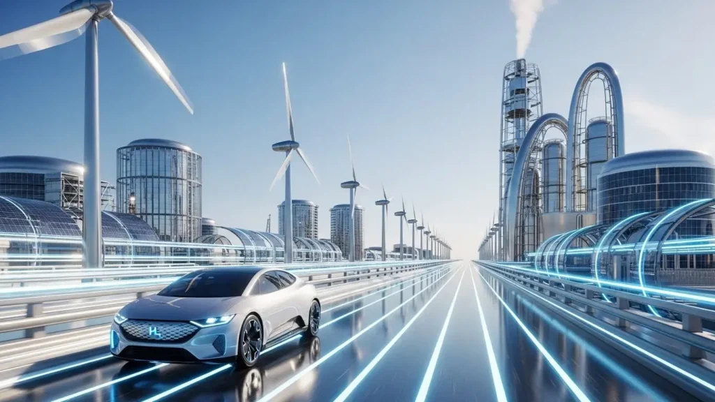 クリーンな水素社会の未来予想図。燃料電池車が走り、再生可能エネルギー施設や水素製造プラントが並ぶ先進的な風景。