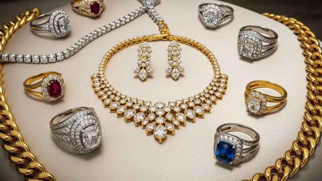 ベージュのシルククッション上に美しく配置された、イエローゴールドとプラチナの様々なジュエリーコレクション。