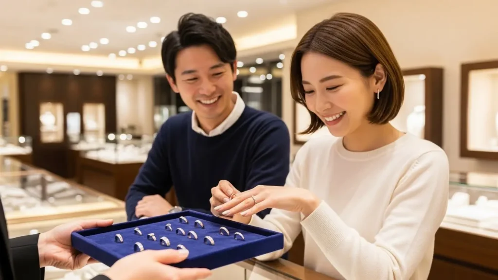 高級ジュエリー店でプラチナの結婚指輪を笑顔で選んでいる幸せそうな日本人カップルの様子。