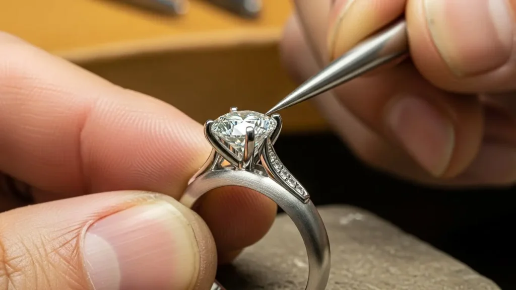 日本人の熟練職人が、プラチナリングの爪にダイヤモンドを慎重に留めている様子を捉えた接写画像。耐久性と技術を示唆。