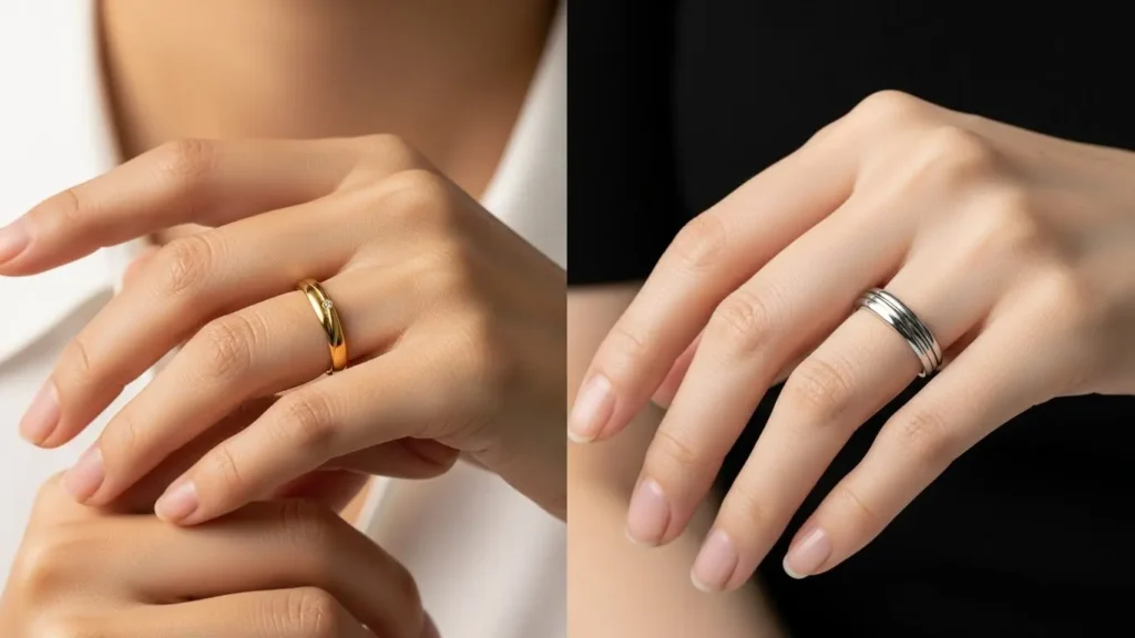 パーソナルカラーによる比較。左はイエローベースの肌に馴染むゴールドリング、右はブルーベースの肌を引き立てるプラチナリングを着用した日本人女性の手。