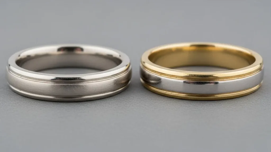 長期間使用後の比較。左側のプラチナリングは輝きを保っているが、右側のホワイトゴールドリングはメッキが剥がれて少し黄色味を帯びている。