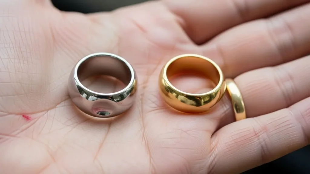 手のひらに乗せた幅広のプラチナリングが、その重みで肌を少し押している様子。隣には同サイズのゴールドリングが軽く置かれている。