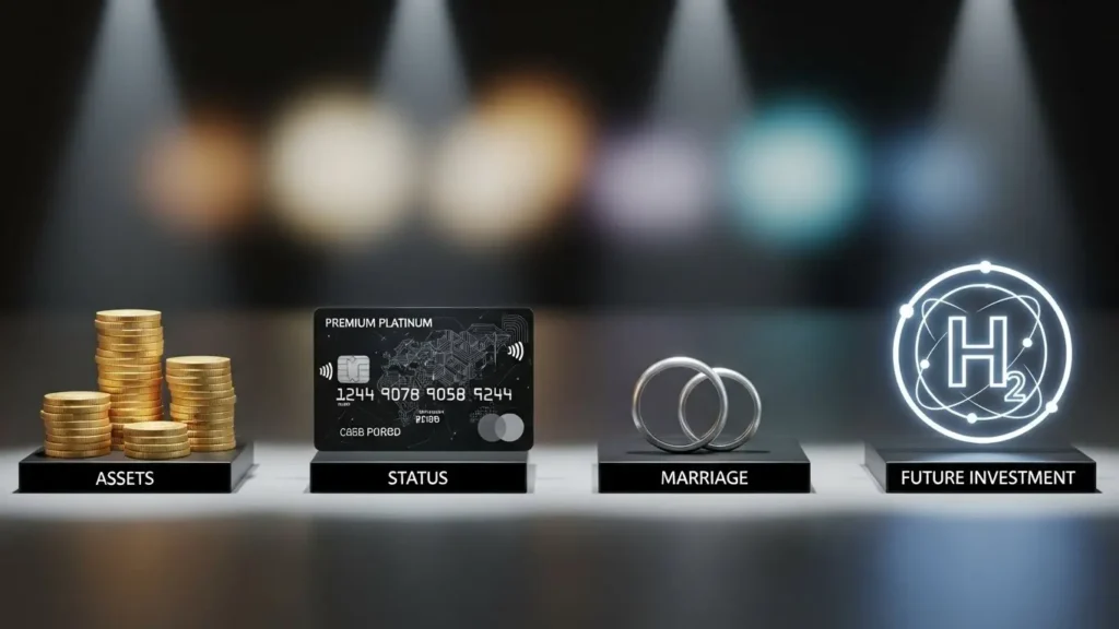 目的別の選択肢を示す概念図。「資産」の金貨、「ステータス」のプラチナカード、「結婚」のプラチナリング、「将来投資」の水素シンボルが並んでいる。