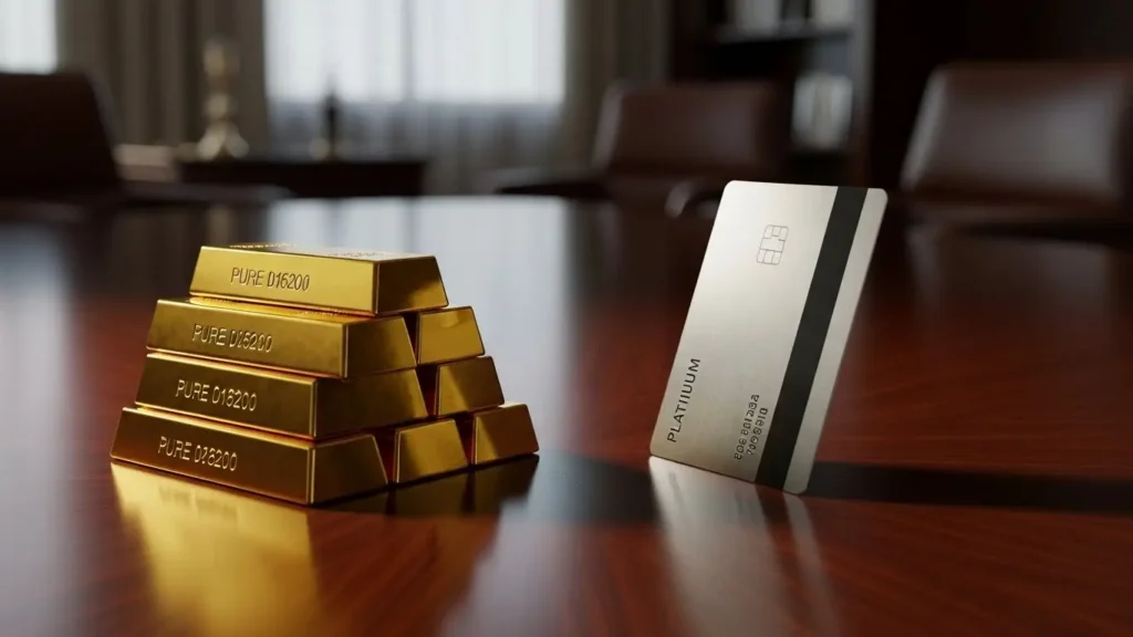 資産価値の象徴である積み上げられた金の延べ棒と、社会的ステータスの象徴であるプラチナカードが対比して置かれ、価値の「ねじれ」を表現している様子。