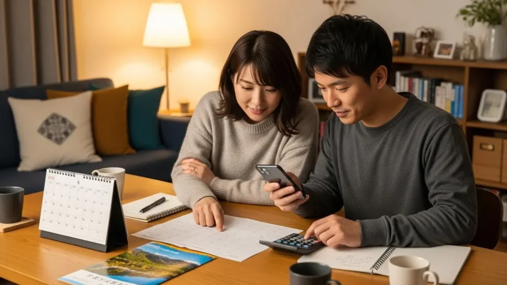 リビングでカレンダーと電卓を使いながら旅行の頻度と予算を計算している日本人カップル